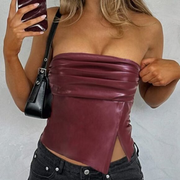 New Women Leather Top Fashionable Ruched Asymmetric Hem Tube Top, Suitabl - Picture 2 of 2